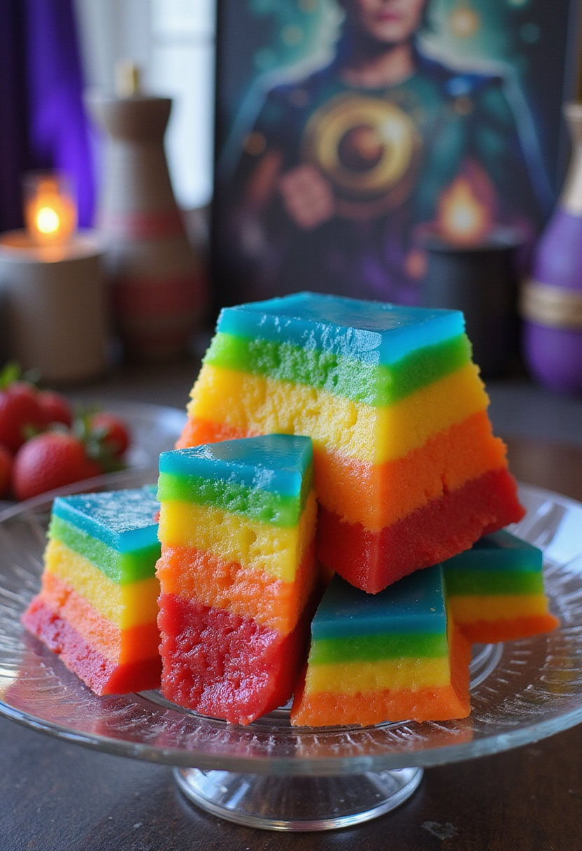 Colorful Thor Bifrost Rainbow Bridge Layered Jello served in an Avengers-themed setting with Asgard decor and soft lighting.