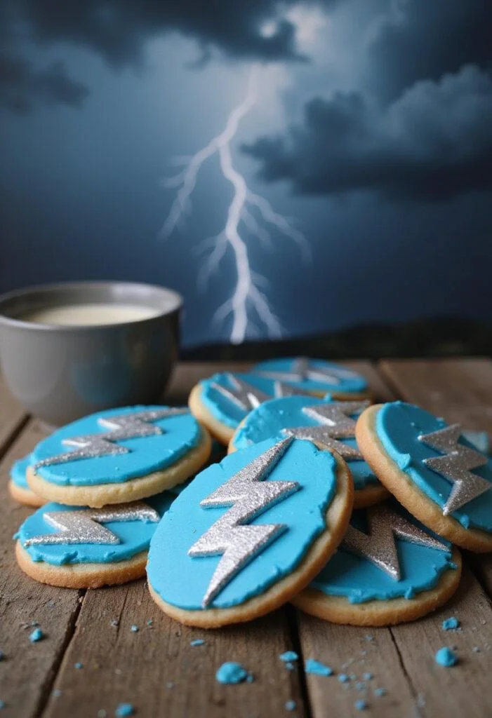 Thor God of Thunder Lightning Bolt Sugar Cookies decorated with blue and silver icing, set on a rustic table in Norse mythology theme