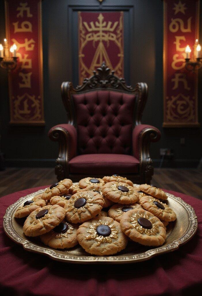 Delicious Thor Hela's Crown Cookies decorated with gold and dark chocolate, set in a Norse-themed throne room for a regal presentation