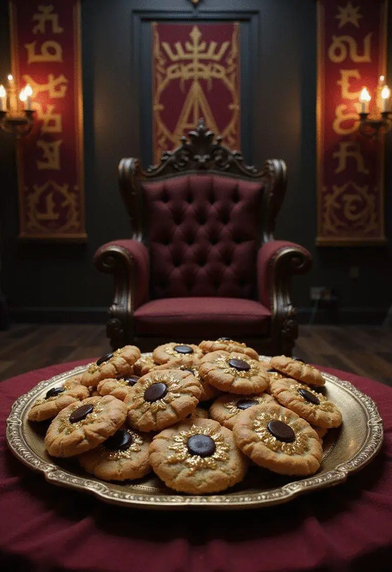 Delicious Thor Hela's Crown Cookies decorated with gold and dark chocolate, set in a Norse-themed throne room for a regal presentation