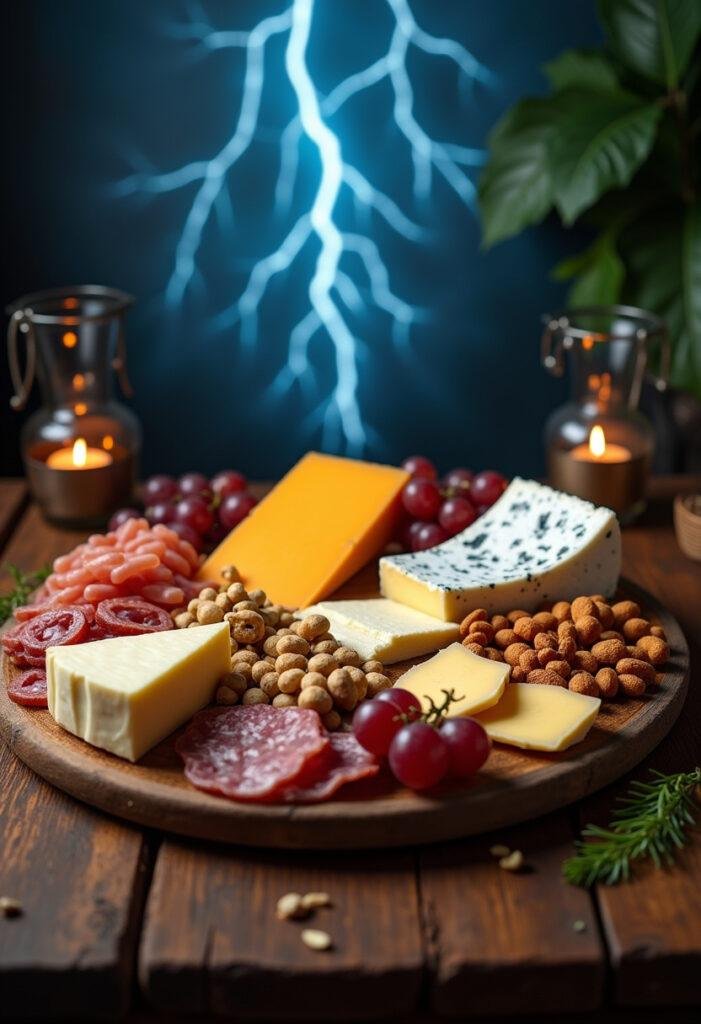 Thor Love and Thunder themed goat boat cheese board with assorted cheeses, grapes, and nuts in a mystical Asgard-inspired setting