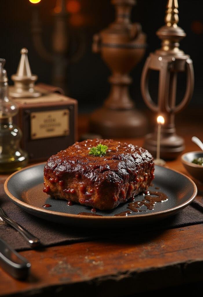 Thor Mjolnir Meat Hammer (Meatloaf) plated for a Marvel-inspired feast with rustic and fantasy-themed décor