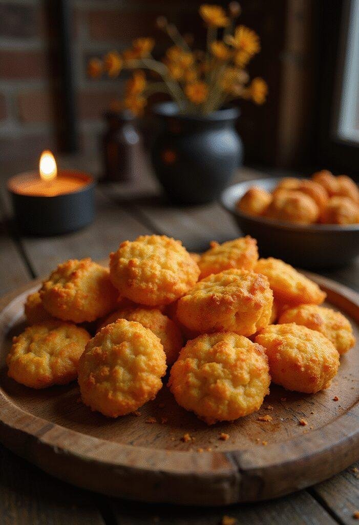 Thor Ragnarok Surtur's Flaming Hot Cheese Puffs plated on a rustic wooden tray, glowing with fiery red-orange color, in a Norse-inspired setting
