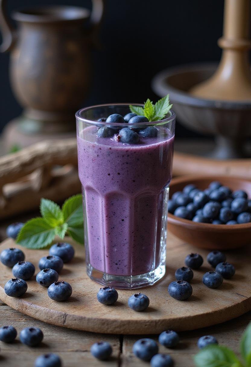 Thor Valkyrie's Warrior's Brew Blueberry Smoothie in a Viking-inspired setting with fresh blueberries and rustic decor