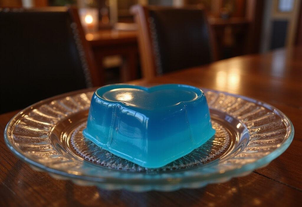 Titanic's Heart of the Ocean Blue Jello on a vintage plate with nautical decor, inspired by Titanic movie recipes.