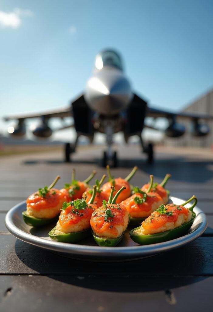 Top Gun Danger Zone Jalapeño Poppers plated on a metal tray with herbs, aviation-themed setting, showcasing spicy jalapeño snack in a fighter jet inspired scene