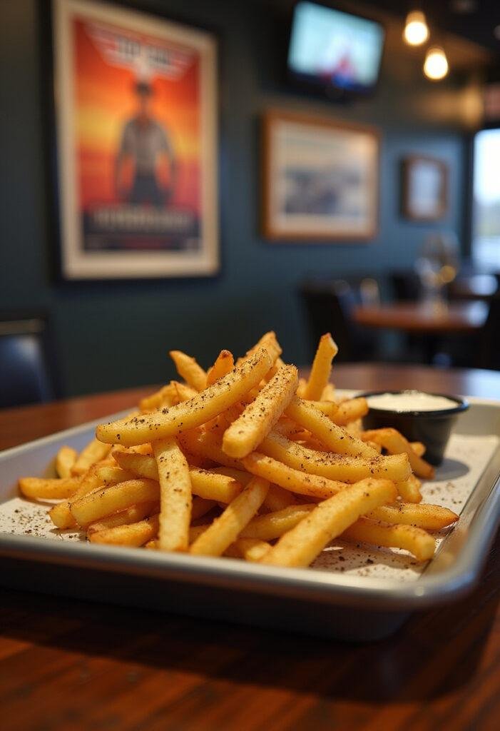 Top Gun Fightertown USA fries served crispy and seasoned in an aviation-themed restaurant scene, capturing the energetic vibe of the show.