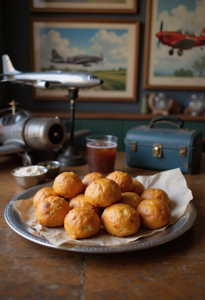 Top Gun Goose's Great Balls of Fire Cheese Balls plated on a silver tray in an aviation-themed setting, showcasing a delicious cheesy appetizer.