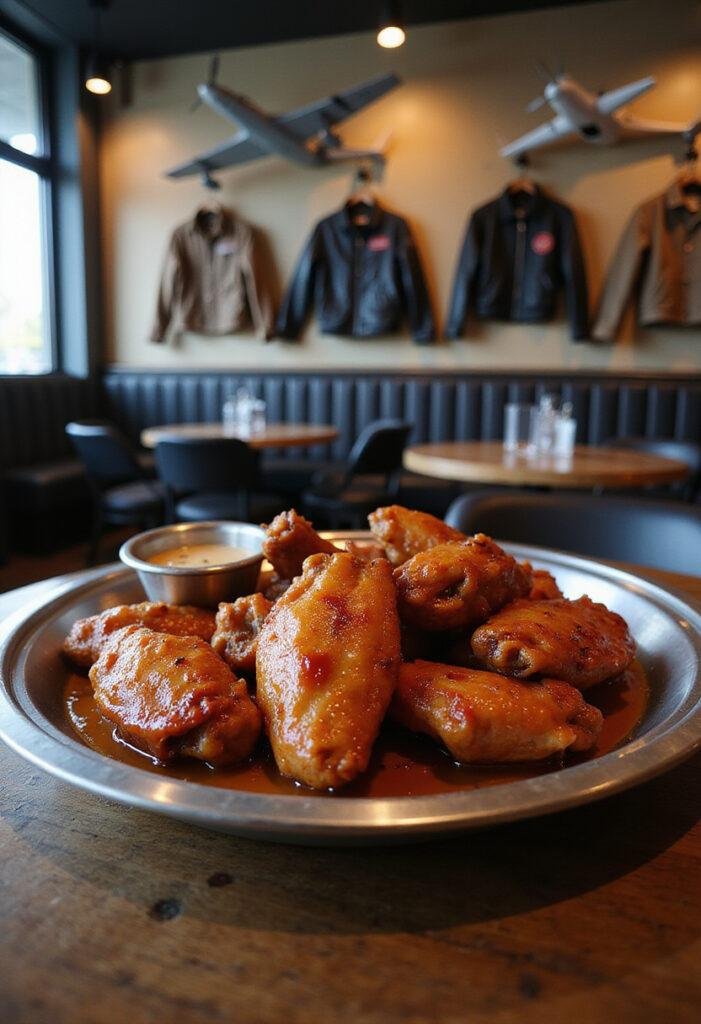Top Gun Iceman's You Can Be My Wingman Chicken Wings plated in an aviation-themed restaurant scene featuring crispy glazed wings with a vintage airplane backdrop.