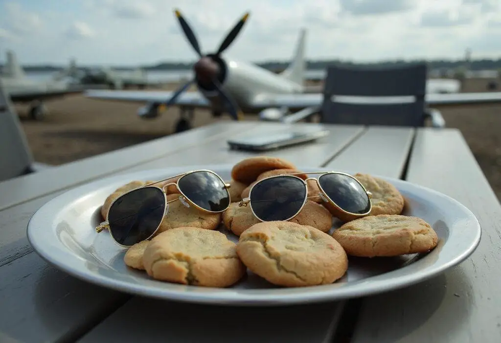 Aviator sunglasses cookies displayed on a metallic tray for a Top Gun-themed movie party, featuring realistic details and airplane-inspired decor