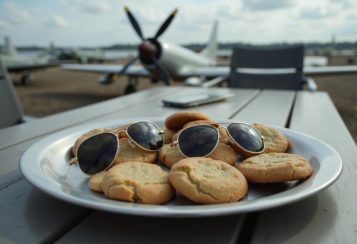 Aviator sunglasses cookies displayed on a metallic tray for a Top Gun-themed movie party, featuring realistic details and airplane-inspired decor