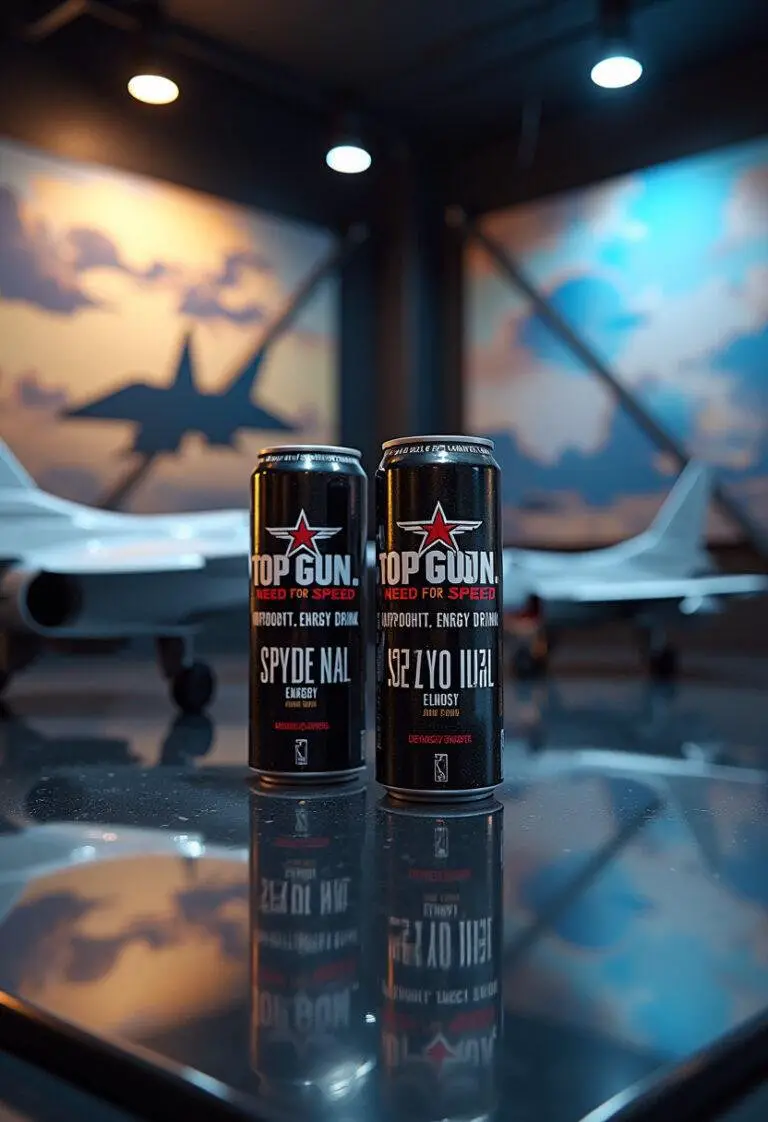Top Gun Maverick's Need for Speed Energy Drink in a military aviation themed setting, surrounded by jet models and aviation decor, highlighting energy and speed.