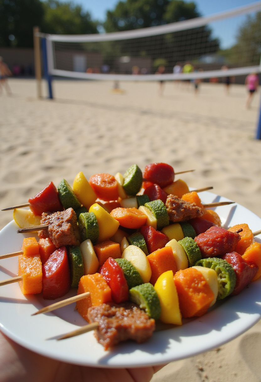 Top Gun Playing with the Boys Volleyball Veggie Skewers on a plate in an outdoor volleyball court setting