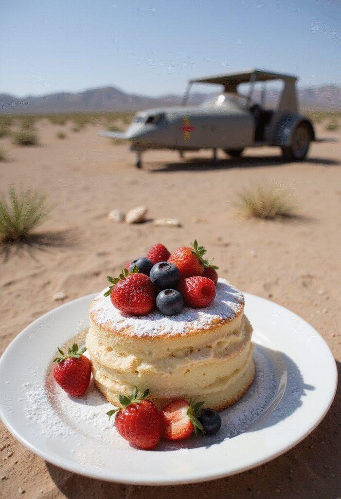 Top Gun-inspired angel food cake with fresh berries and powdered sugar on a white plate, set in a sunny desert scene reminiscent of Top Gun movies.