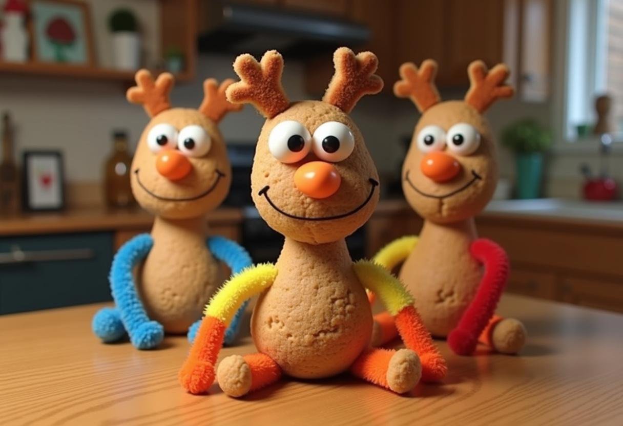 Toy Story 4 Forky cookies displayed in a cozy kitchen setting featuring character-themed food with googly eyes and spork details