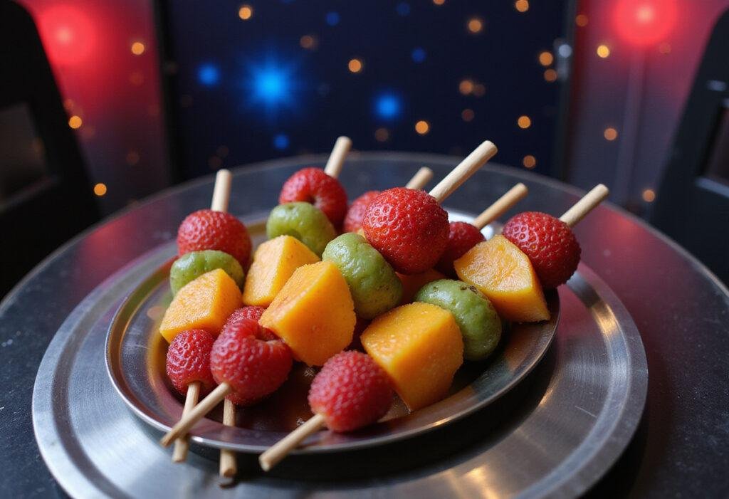 Treasure Planet's Solar Surfer Skewers fruit skewers in a space-themed setting, perfect for sci-fi fans and fruit lovers, displayed on a futuristic plate.