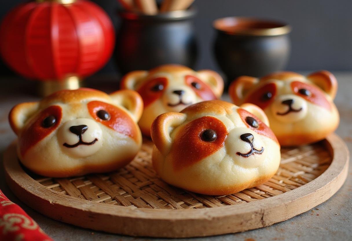 Delicious red panda bao buns inspired by Turning Red, realistic Asian-inspired dish in a cozy kitchen setting, perfect for Chinese-Canadian cuisine fans.