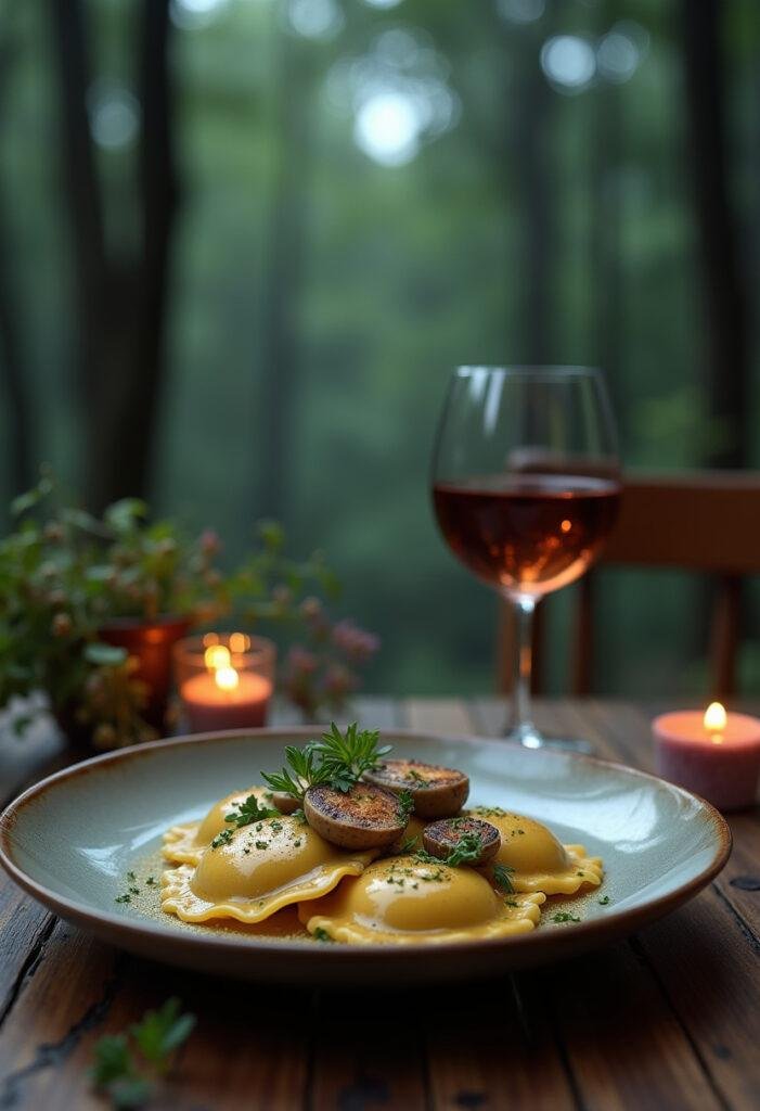 Twilight Bella's Mushroom Ravioli plated on rustic wood with herbs and sauce, inspired by Twilight's forest scene, realistic presentation