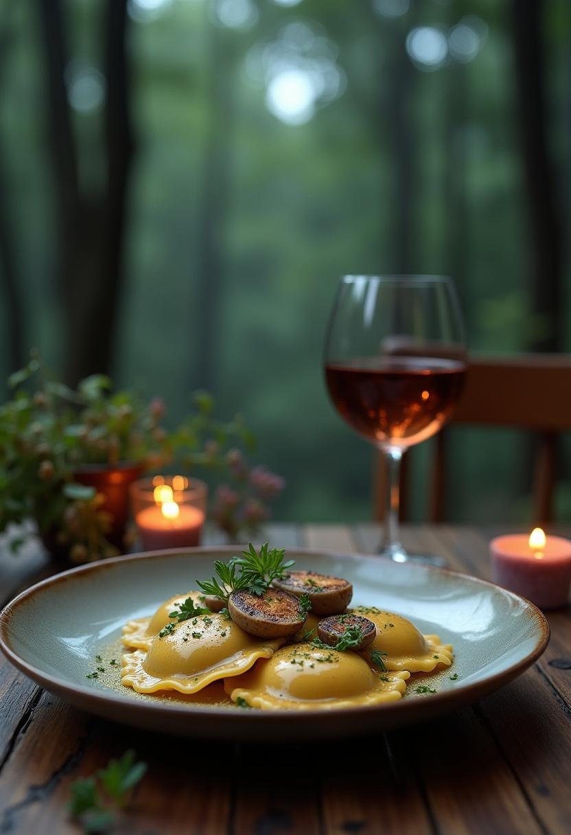 Twilight Bella's Mushroom Ravioli plated on rustic wood with herbs and sauce, inspired by Twilight's forest scene, realistic presentation