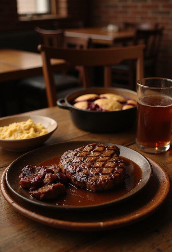 Twilight Charlie Swan's Steak and Cobbler Dinner featuring a grilled steak and warm berry cobbler in a cozy diner setting