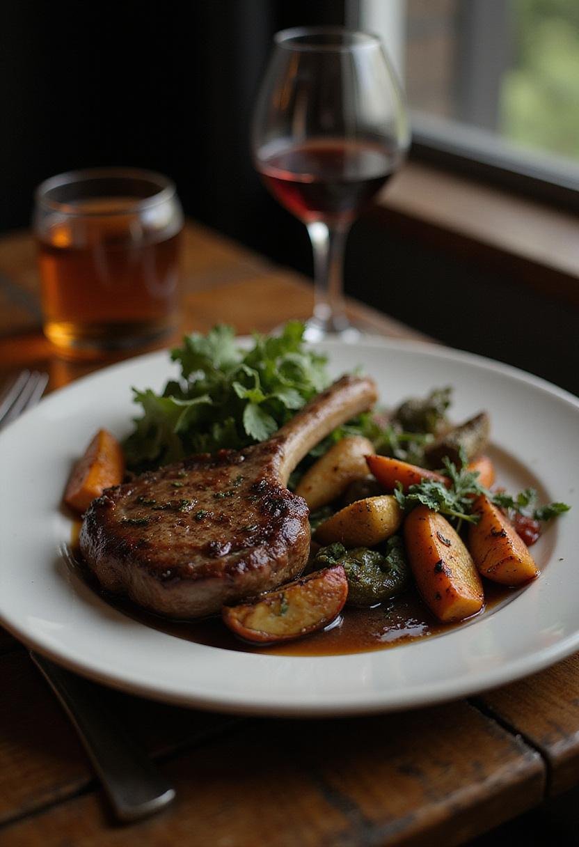 Delicious Twilight-inspired lamb chops served on a rustic table with greens and roasted vegetables in a serene setting.