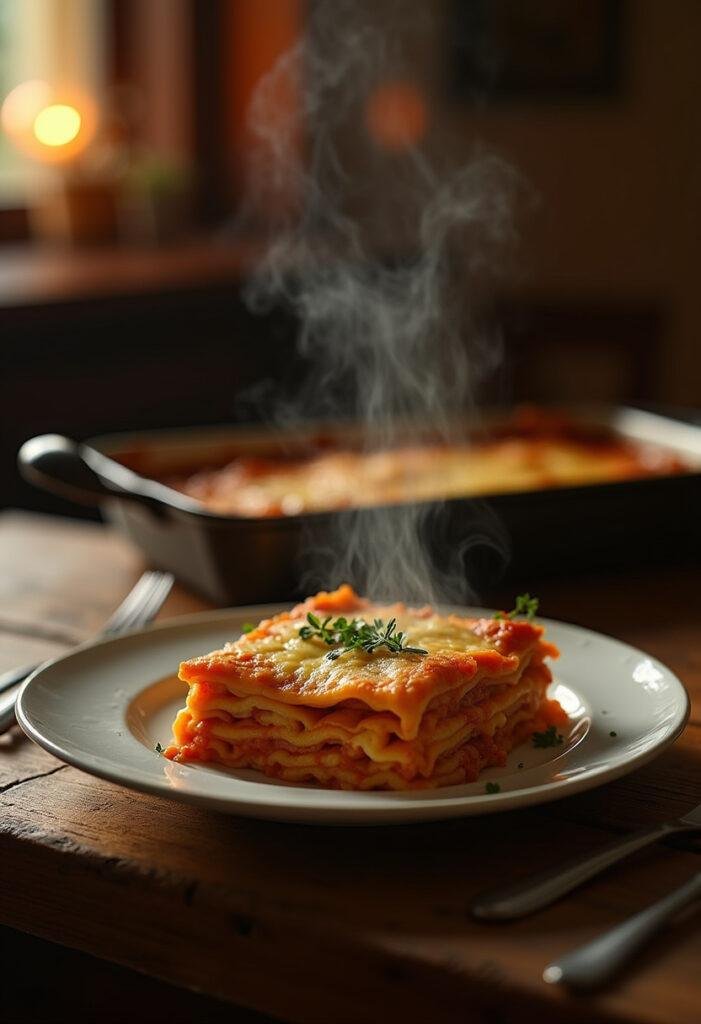 Twilight Esme's Welcome Home Lasagna plated in a cozy kitchen with steam and herbs, inspired by the Twilight movie setting.