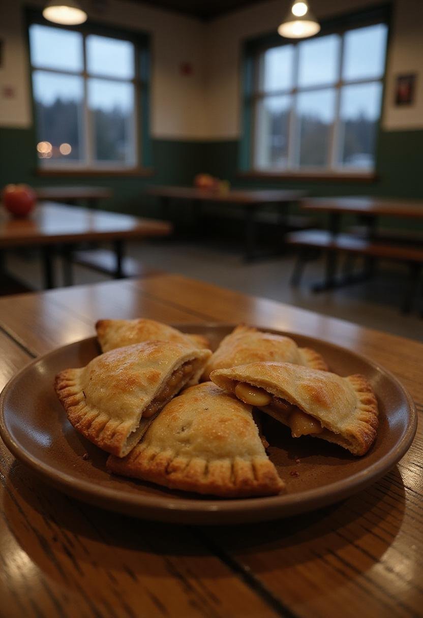 Twilight Forks High School apple turnovers, freshly baked with flaky crust and warm apple filling, in a rustic school cafeteria setting.