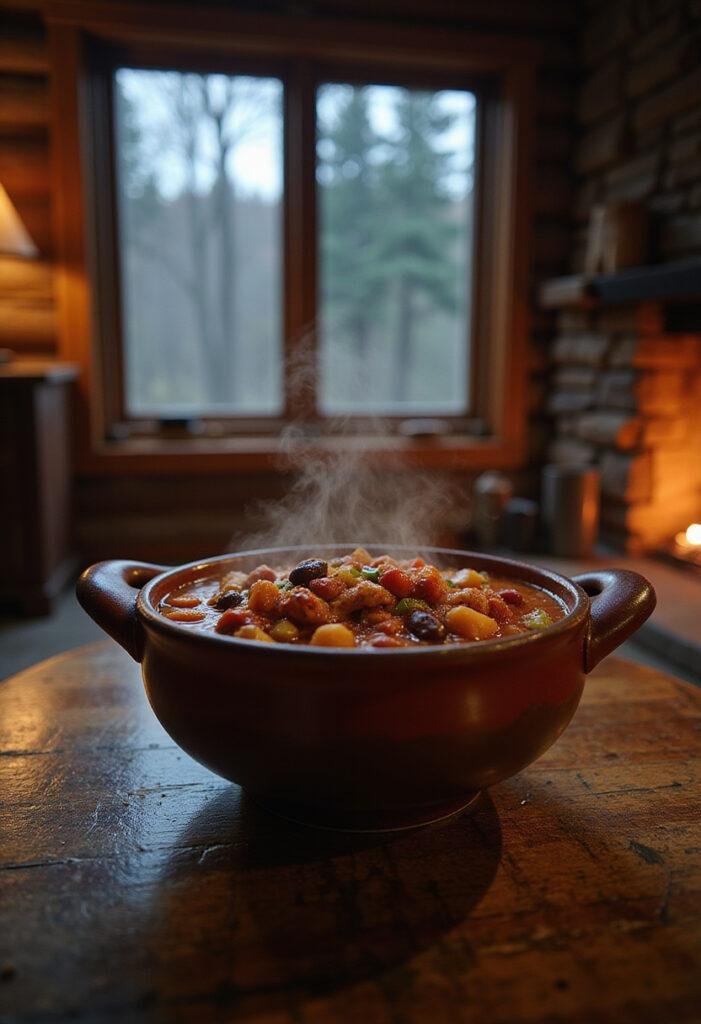 A realistic bowl of Twilight Jacob's Wolf Pack Chili with hearty ingredients, set on a rustic table inside a cozy cabin, inspired by Twilight.