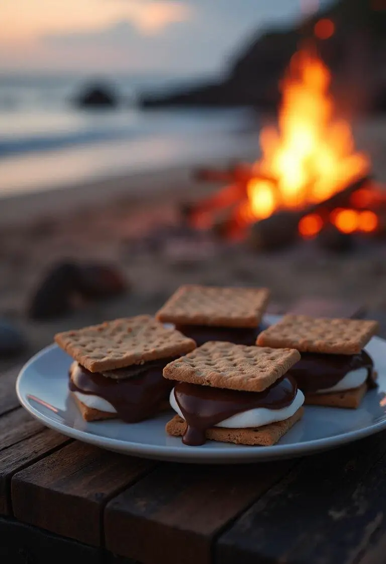 Twilight La Push Beach Bonfire S'mores featuring toasted marshmallow and chocolate s'mores on a rustic table at sunset