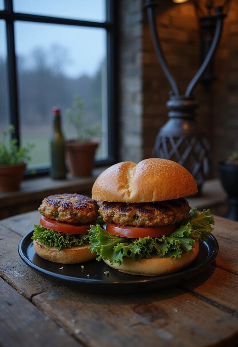 Twilight Cullen's Vegetarian Vampire Veggie Burgers plated on a rustic table with a twilight-themed ambiance, featuring veggie patties, fresh vegetables, and toasted buns.