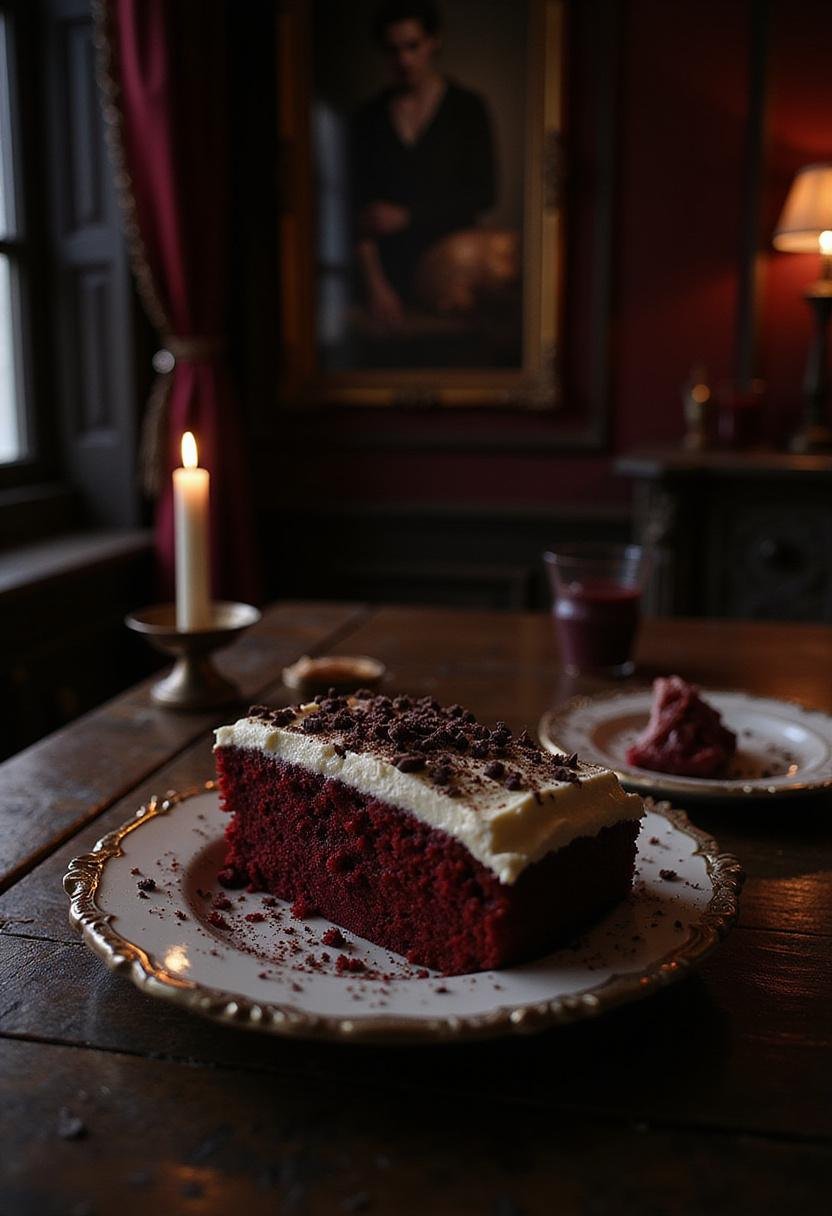 Twilight Volturi Blood Red Velvet Cake on a dark wooden table in a moody, gothic setting, showcasing a rich red velvet cake topped with cream cheese frosting.