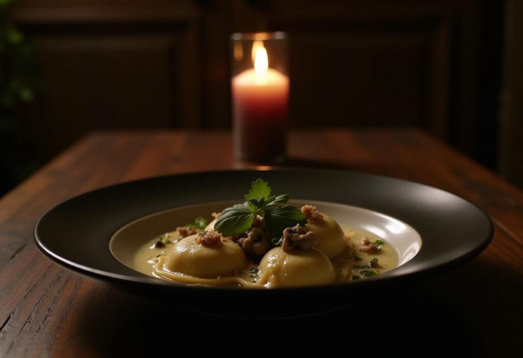 Twilight's Mushroom Ravioli presented on a dark wooden table in a cozy Twilight-inspired kitchen setting, garnished with herbs and sauce, for an authentic food image.