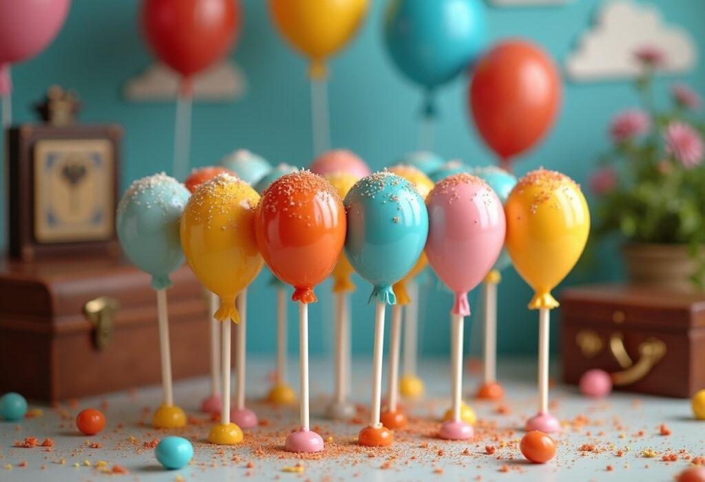 Up's Adventure is Out There Balloon Cake Pops inspired by the movie, decorated as colorful balloons on a whimsical table setting.