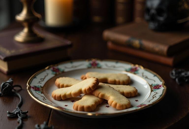 Wednesday Cello-Shaped Shortbread cookies on a vintage plate in a gothic-style setting, inspired by Wednesday Addams.