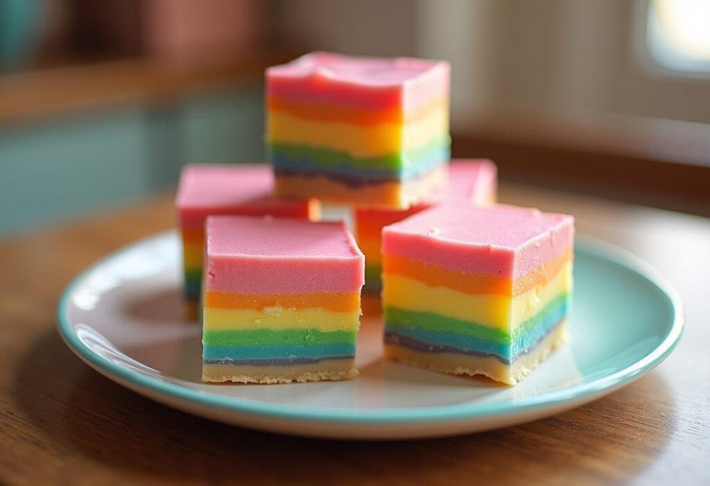 Wednesday Enid's Rainbow Friendship Fudge featuring colorful layered rainbow fudge on a pastel plate in a cozy setting inspired by Wednesday, showcasing vibrant, glossy colors.