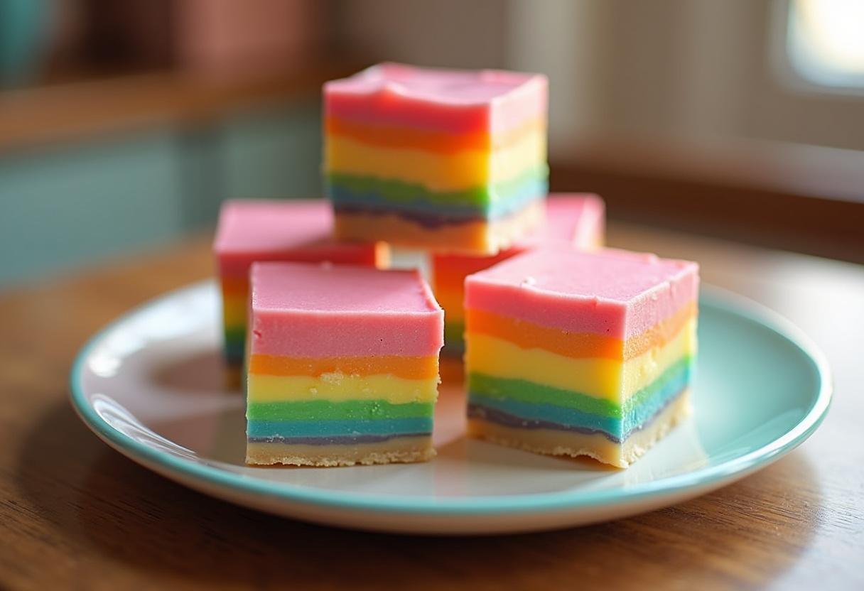 Wednesday Enid's Rainbow Friendship Fudge featuring colorful layered rainbow fudge on a pastel plate in a cozy setting inspired by Wednesday, showcasing vibrant, glossy colors.