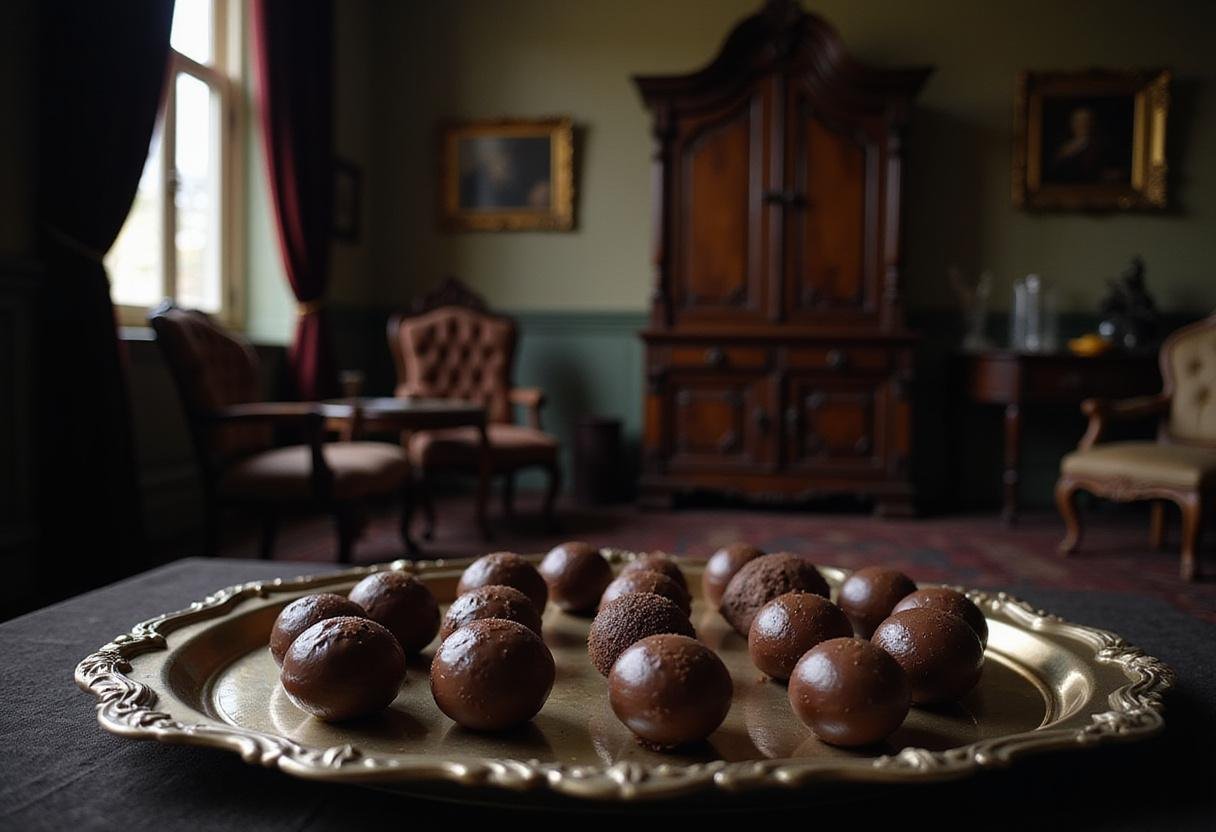 Wednesday Gomez's Cara Mia Cacao Truffles displayed as elegant chocolates in a gothic setting, perfect for fans of the Addams Family.