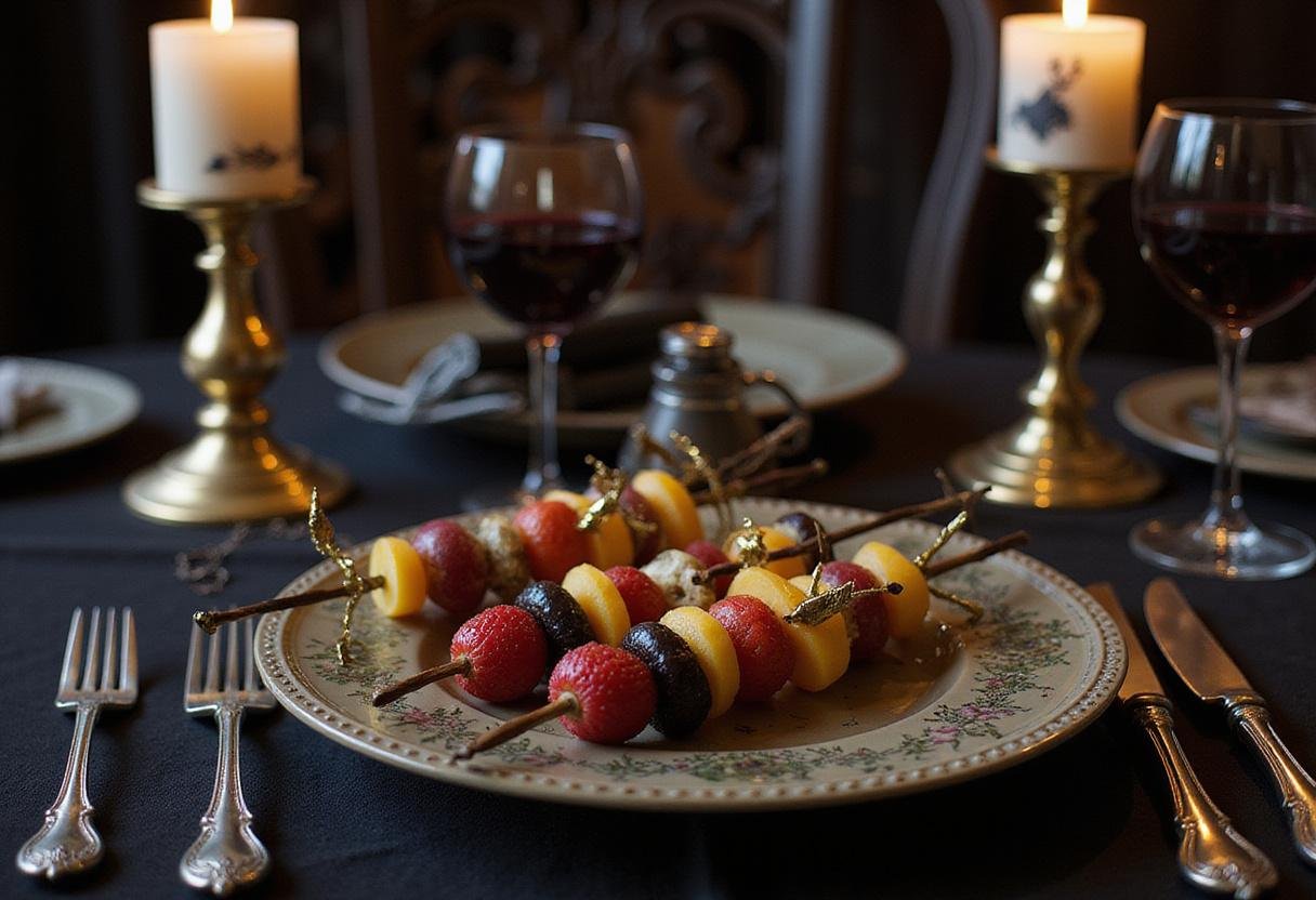 Wednesday Gomez's fencing sword skewers - themed party food with colorful fruit skewers in a gothic setting.