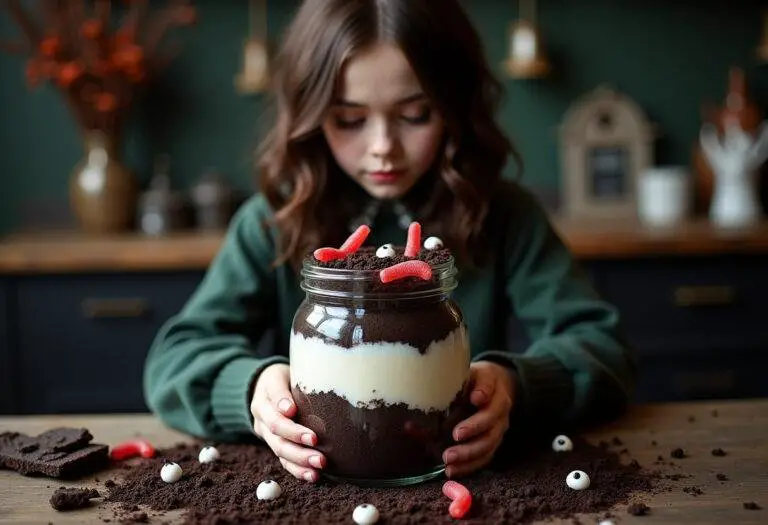 Wednesday Lurch's You Rang? Graveyard Dirt Pudding served in a dark, gothic kitchen with layered cookie crumbs and gummy worms for a spooky effect