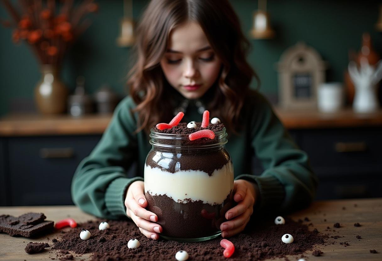 Wednesday Lurch's You Rang? Graveyard Dirt Pudding served in a dark, gothic kitchen with layered cookie crumbs and gummy worms for a spooky effect