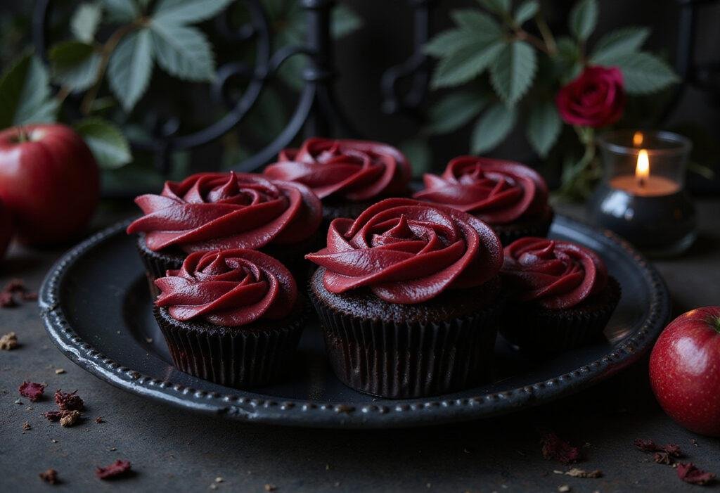 Wednesday Morticia's Midnight Rose Garden Cupcakes, gothic cupcakes with red roses in a Victorian gothic garden setting