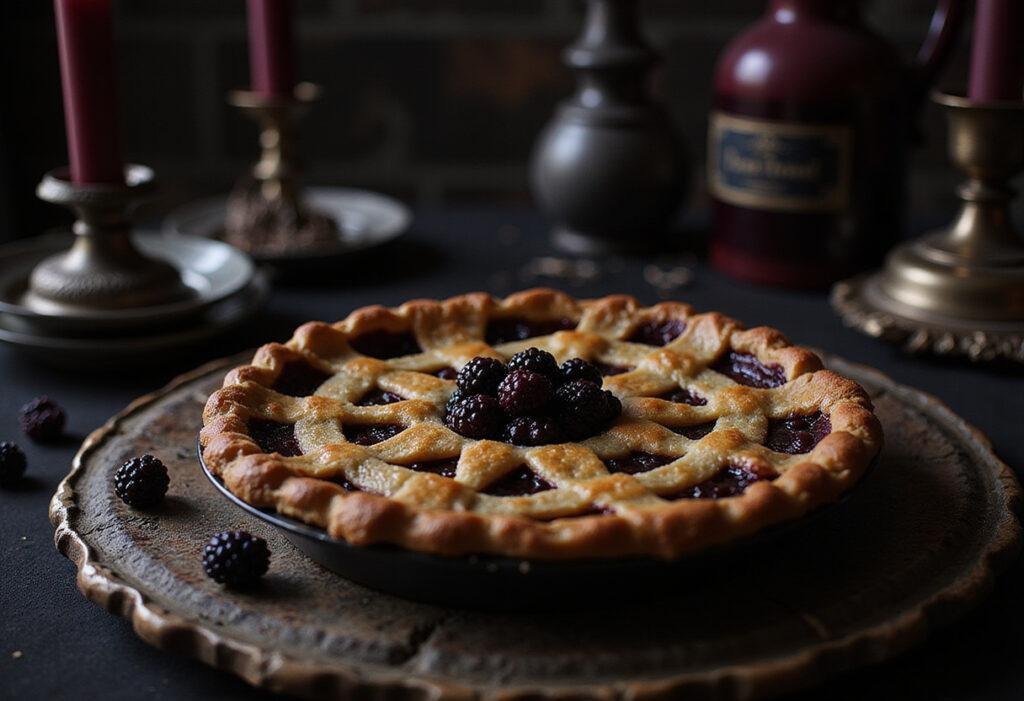 Gothic-themed Blackberry Pie inspired by Wednesday Morticia, with dark crust and blackberry filling, on vintage gothic decor setup
