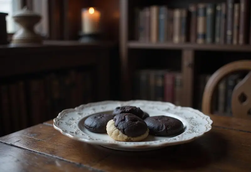 Wednesday Nevermore Academy's Outcast Black & White Cookies on a porcelain plate in a Gothic Academy setting, showcasing classic black and white cookies within the dark academia theme.