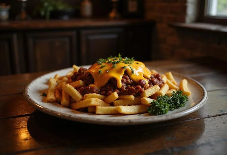 Wednesday Pugsley's Explosively Good Chili Cheese Fries on a vintage kitchen table, featuring golden crispy fries topped with spicy chili and melted cheese, inspired by the Addams Family.