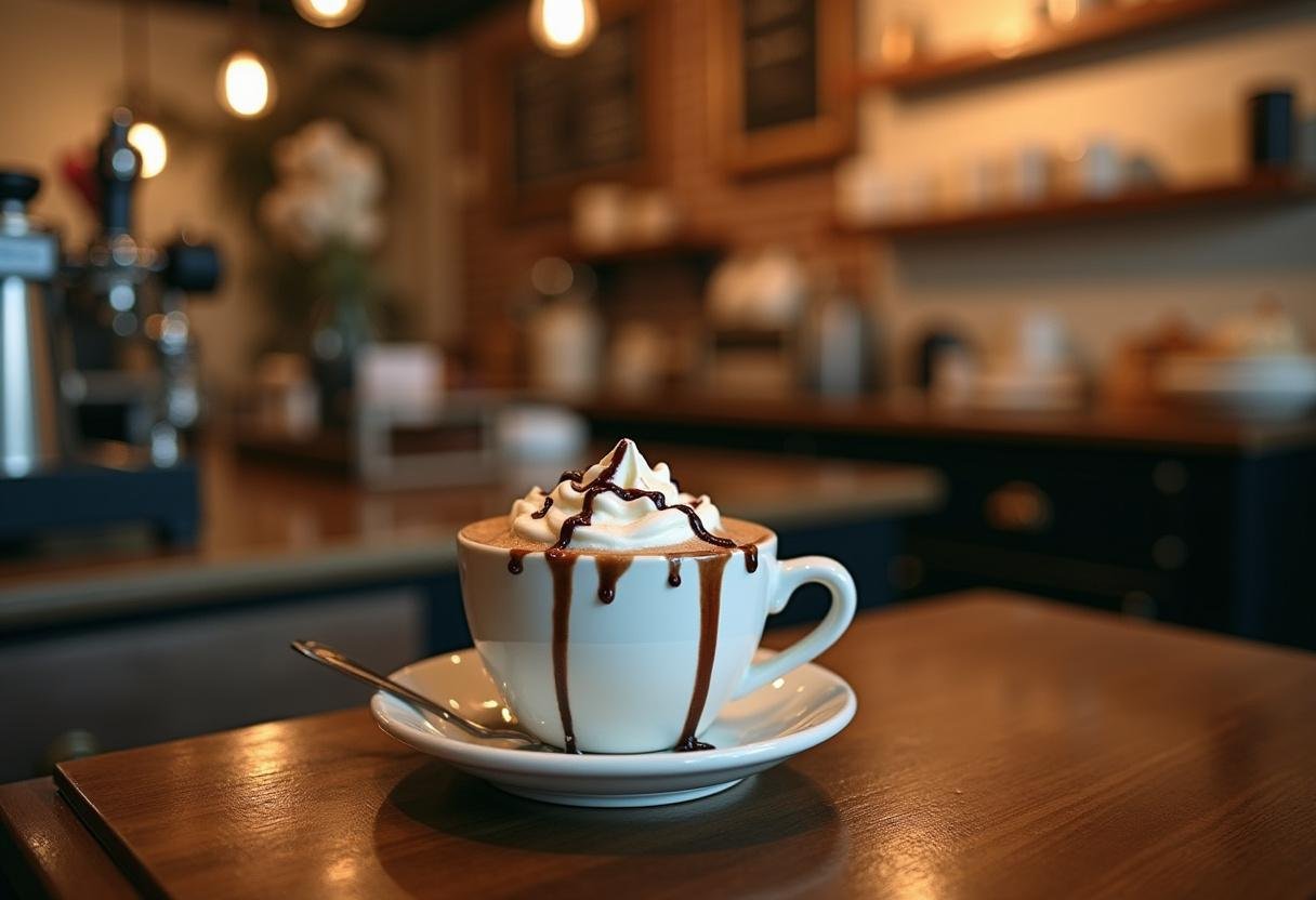 Mocha latte served in a cozy café inspired by Wednesday The Weathervane Café, with whipped cream and chocolate drizzle in a warm, inviting setting.