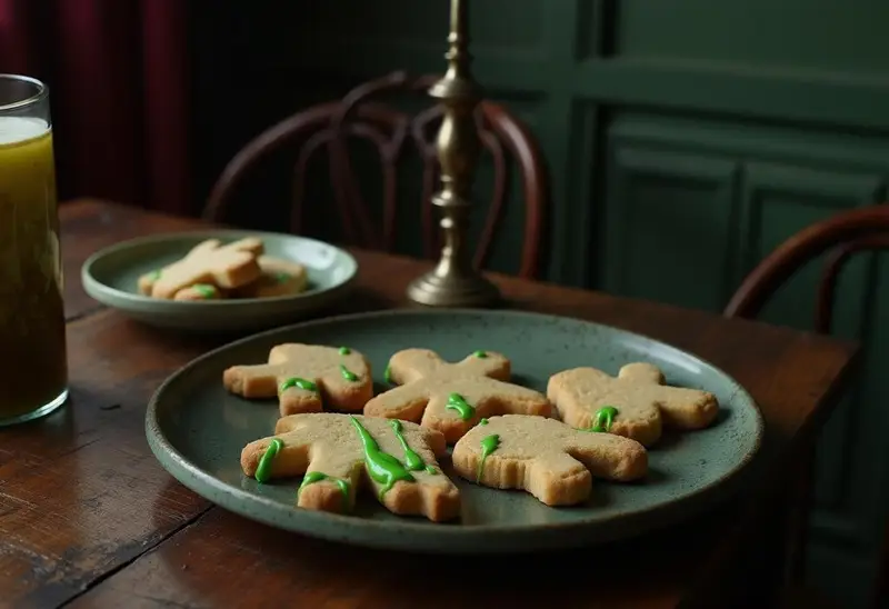 Wednesday Thing's Helping Hand sugar cookies shaped like hands, decorated with green icing, in a gothic-themed setting inspired by Wednesday Addams' world