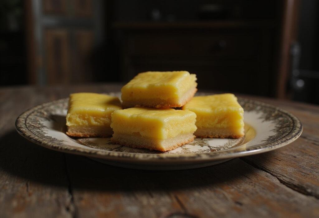 Wednesday Uncle Fester's Shockingly Sour Lemon Bars plated beautifully on a rustic table with a gothic theme, showcasing a glossy lemon glaze and golden crust.