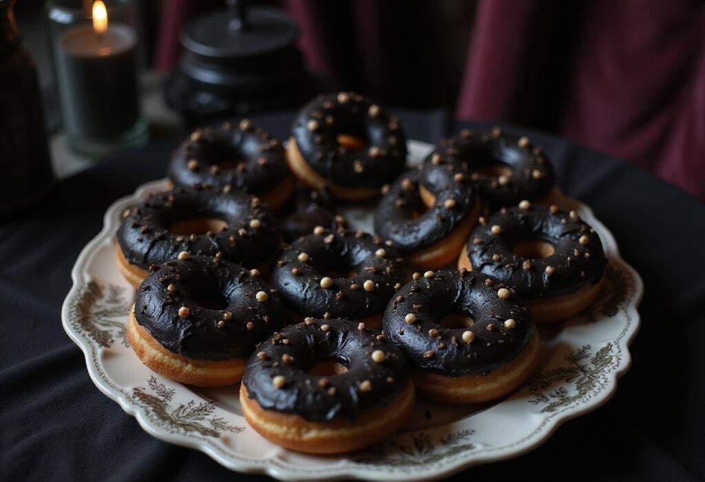 Wednesday Woe is Me Black Dahlia Donuts in a gothic setting, showcasing themed donuts inspired by the TV show 'Wednesday' in a dark, atmospheric scene