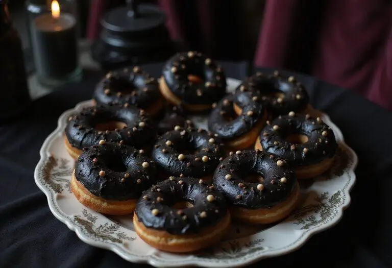 Wednesday Woe is Me Black Dahlia Donuts in a gothic setting, showcasing themed donuts inspired by the TV show 'Wednesday' in a dark, atmospheric scene