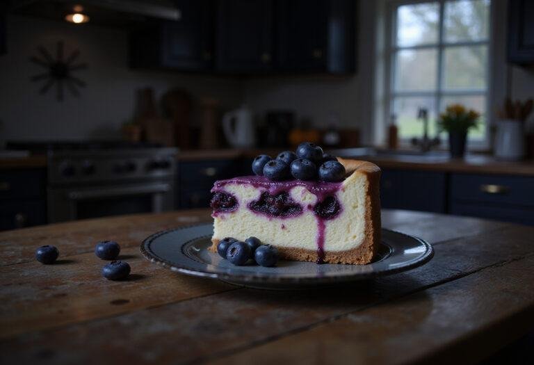 Wednesday Xavier's Visions Blueberry Swirl Cheesecake served in a gothic-style setting as a delicious blueberry cheesecake slice with blueberry swirls.